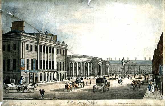 Henry Brocas, c. 1798 - 1873), engraver, Samuel Frederick Brocas, c.1792-1847. View of College Green, published Dublin, J Le Petit, 1828. From National Library of Ireland, http://catalogue.nli.ie/Record/vtls000036290
